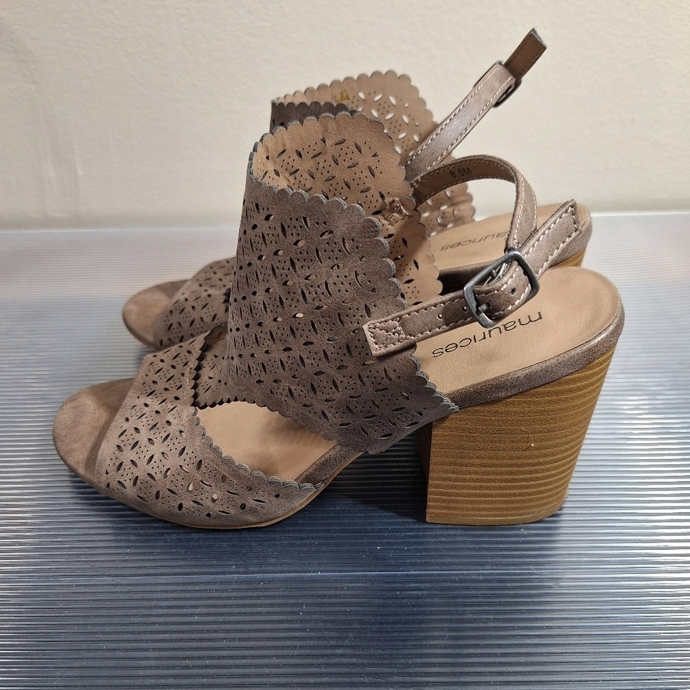 Maurices Taupe Boho Cut Out Scalloped Open Toe Slingback Stacked Heel Sandals - Picture 3 of 16